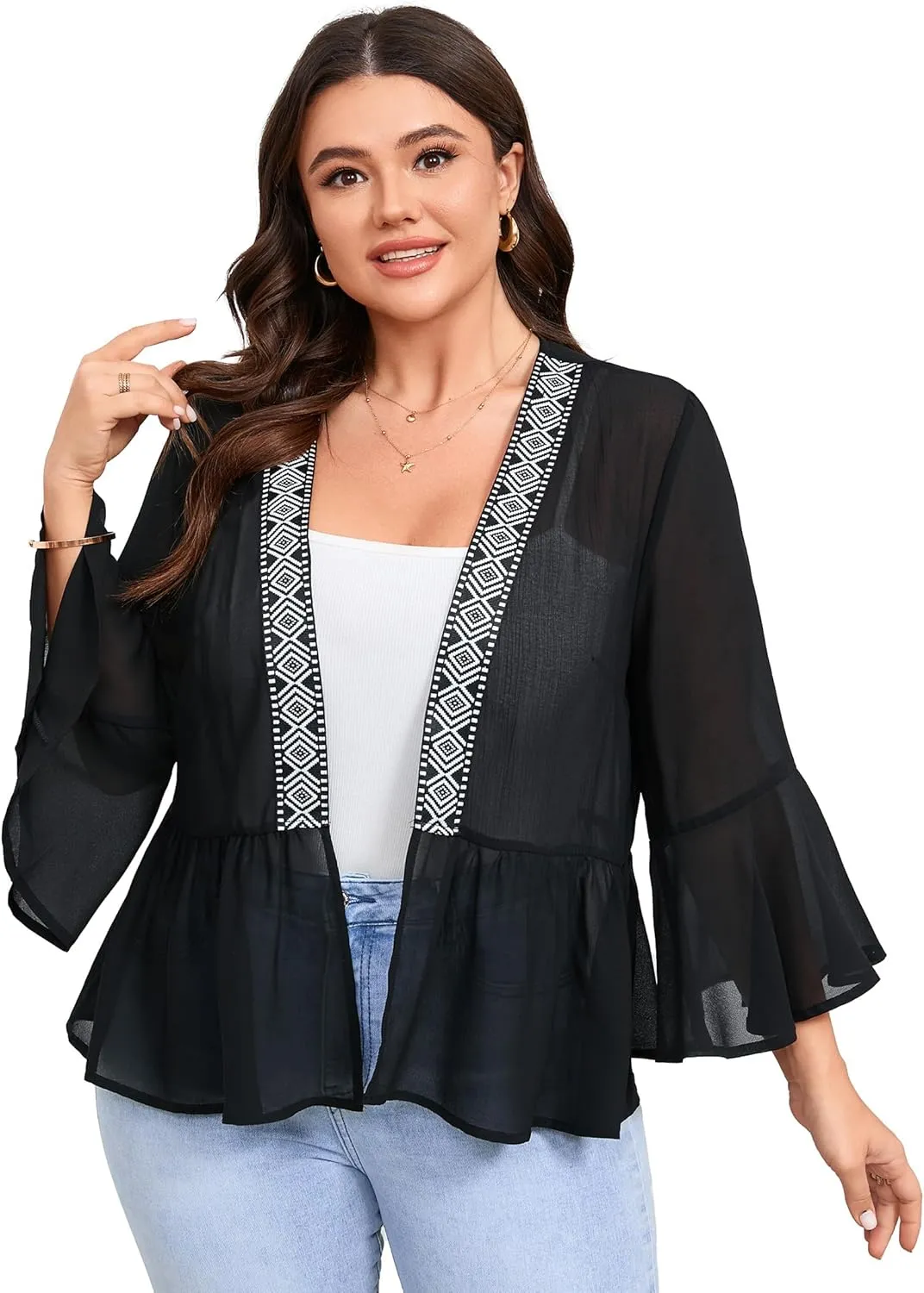 Women's Plus Size Lightweight Chiffon Cardigan Open Front Cover Up Long Sleeve Ruffles Summer Top Flowy Casual Beachwear