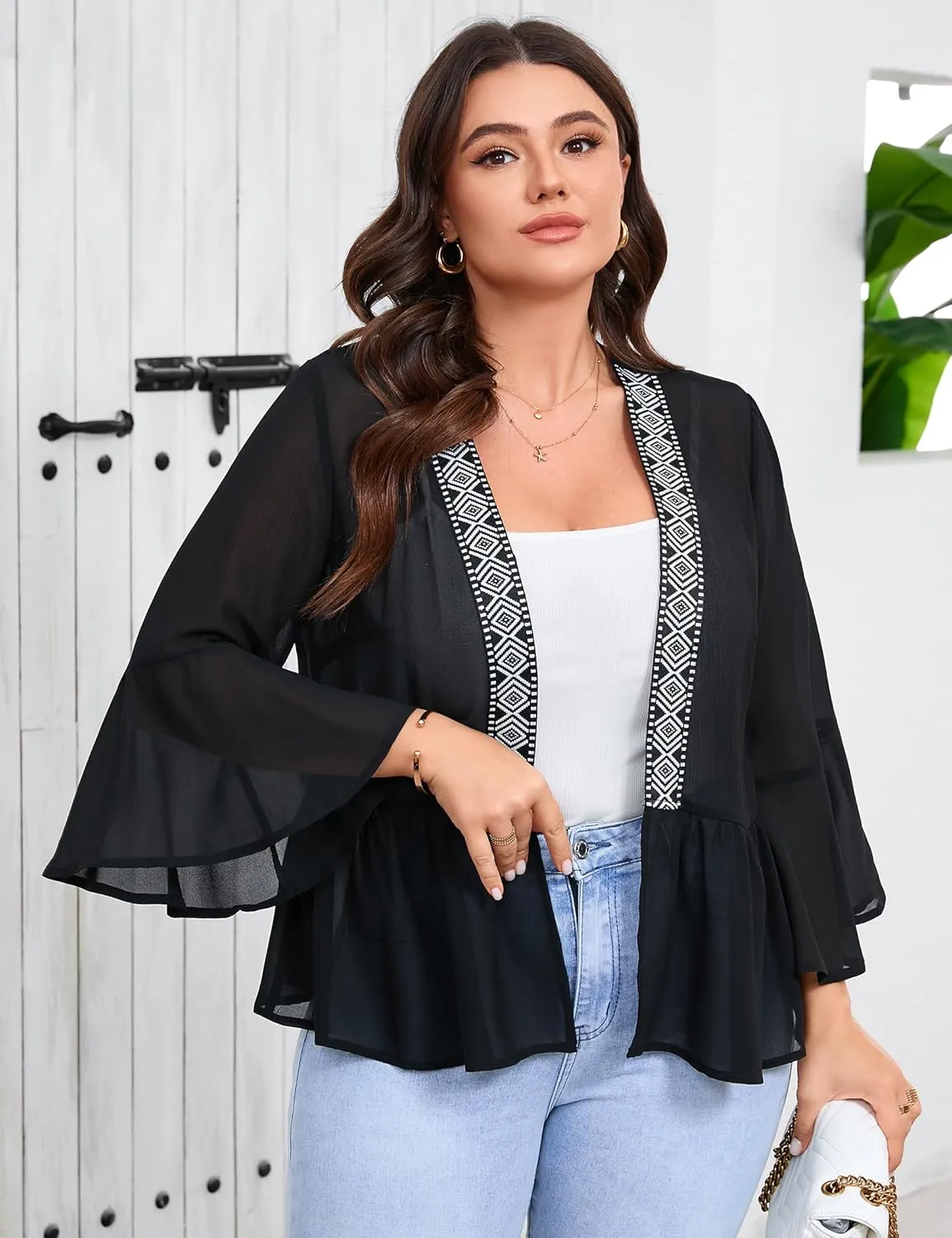 Women's Plus Size Lightweight Chiffon Cardigan Open Front Cover Up Long Sleeve Ruffles Summer Top Flowy Casual Beachwear