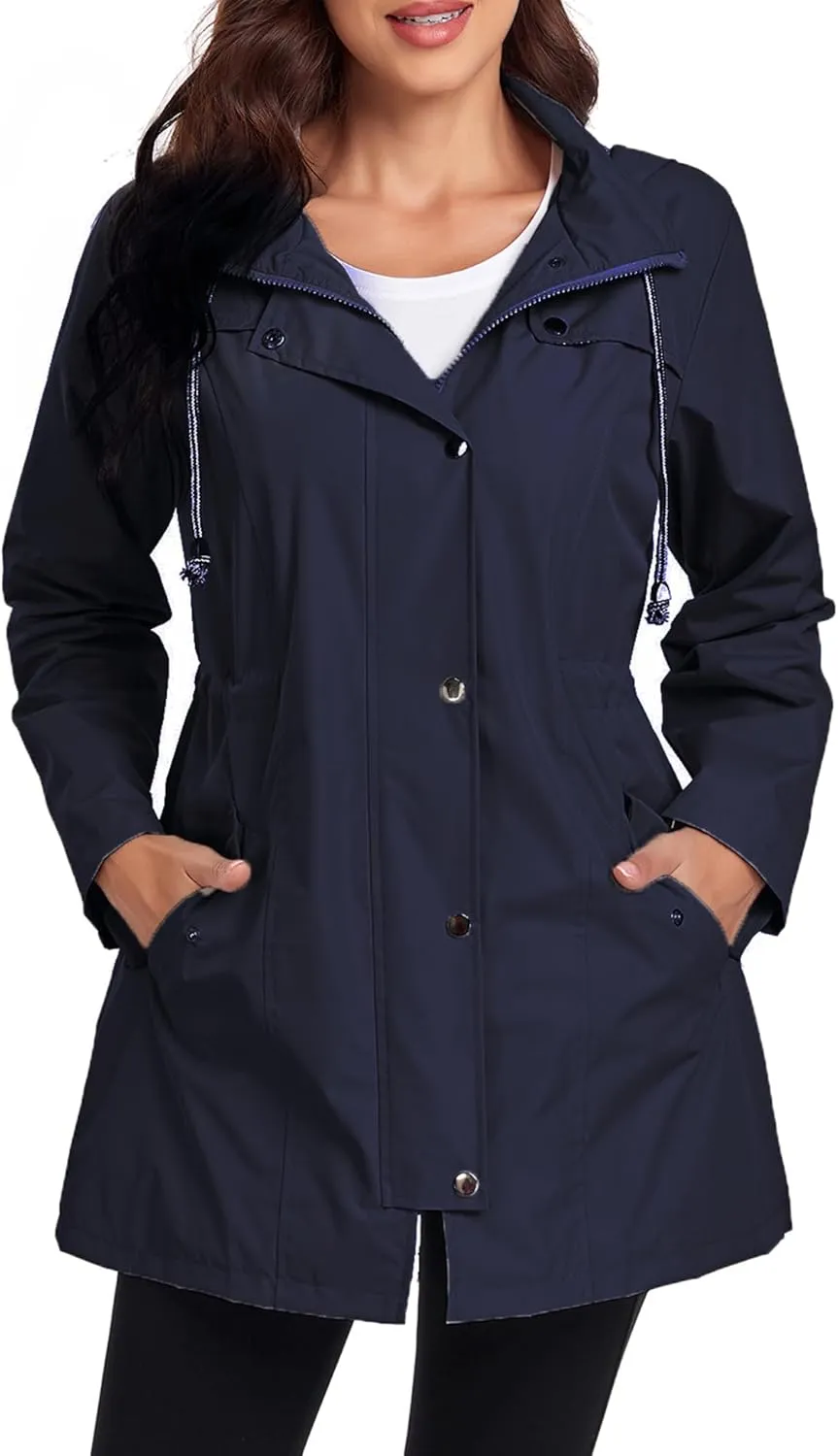 Women's Raincoats Windbreaker Rain Jacket Waterproof Lightweight Outdoor Hooded Trench Coats S-XXL