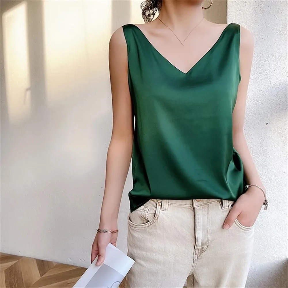 Women's Summer Silk Satin V-Neck Solid Tank Tops Loose Sleeveless Soft Thin Camisole Vest