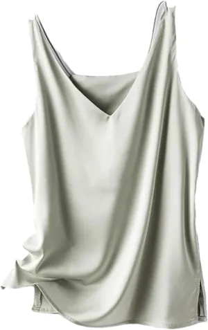 Women's Summer Silk Satin V-Neck Solid Tank Tops Loose Sleeveless Soft Thin Camisole Vest