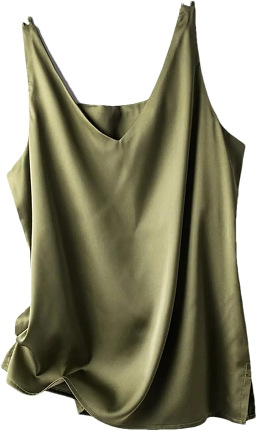 Women's Summer Silk Satin V-Neck Solid Tank Tops Loose Sleeveless Soft Thin Camisole Vest
