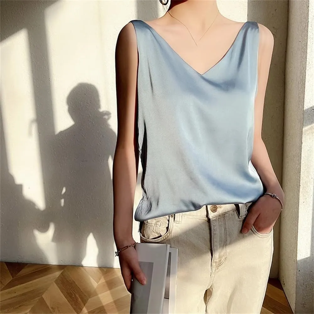 Women's Summer Silk Satin V-Neck Solid Tank Tops Loose Sleeveless Soft Thin Camisole Vest