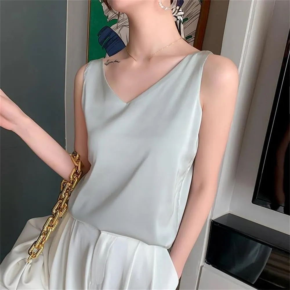 Women's Summer Silk Satin V-Neck Solid Tank Tops Loose Sleeveless Soft Thin Camisole Vest
