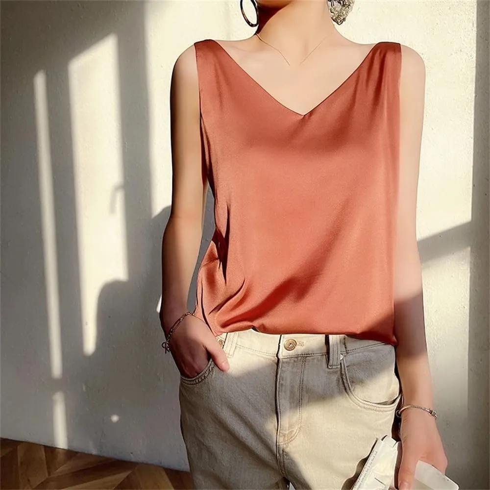 Women's Summer Silk Satin V-Neck Solid Tank Tops Loose Sleeveless Soft Thin Camisole Vest