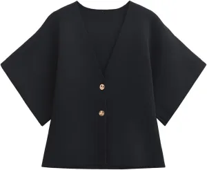 Womens V-Neck Cardigans Short Sleeve Lightweight Button Casual Knit Sweater Outerwear Solid Color Knitwear Tops