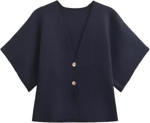 Womens V-Neck Cardigans Short Sleeve Lightweight Button Casual Knit Sweater Outerwear Solid Color Knitwear Tops