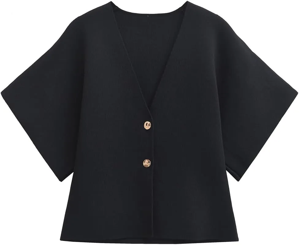 Womens V-Neck Cardigans Short Sleeve Lightweight Button Casual Knit Sweater Outerwear Solid Color Knitwear Tops