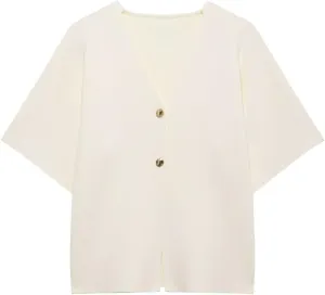 Womens V-Neck Cardigans Short Sleeve Lightweight Button Casual Knit Sweater Outerwear Solid Color Knitwear Tops