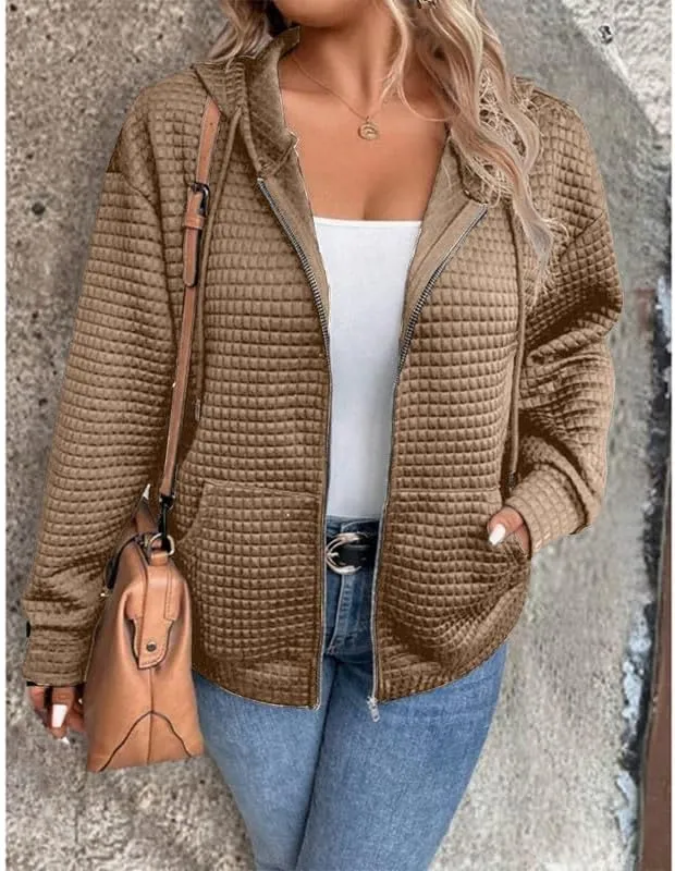 Women's Waffle Hoodies Sweatshirt Long Sleeve Drawstring Pockets Casual Zipper Jacket