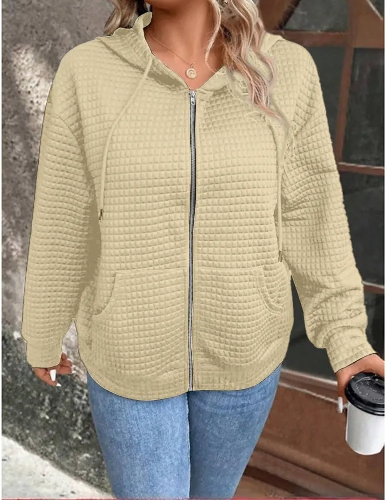 Women's Waffle Hoodies Sweatshirt Long Sleeve Drawstring Pockets Casual Zipper Jacket