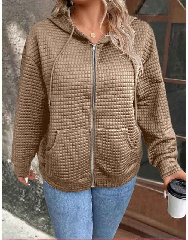 Women's Waffle Hoodies Sweatshirt Long Sleeve Drawstring Pockets Casual Zipper Jacket