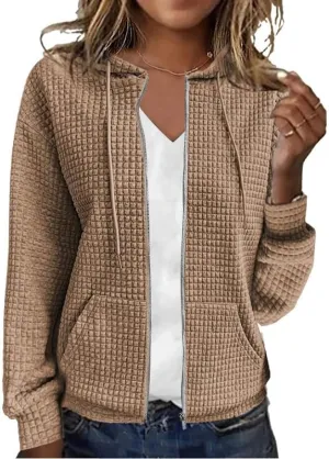 Women's Waffle Hoodies Sweatshirt Long Sleeve Drawstring Pockets Casual Zipper Jacket