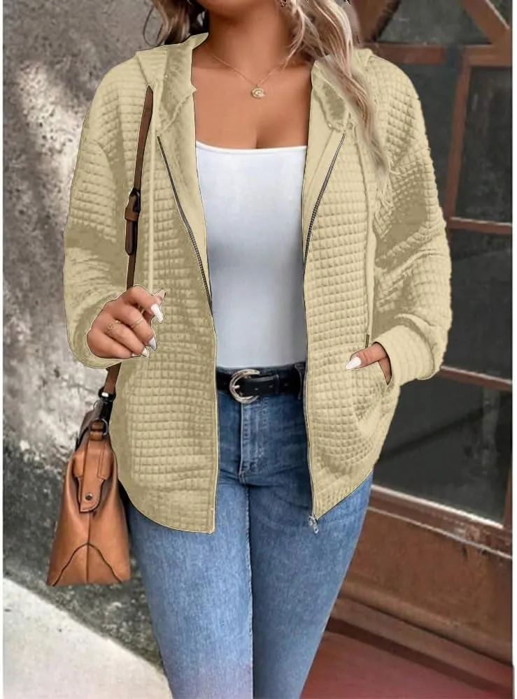 Women's Waffle Hoodies Sweatshirt Long Sleeve Drawstring Pockets Casual Zipper Jacket