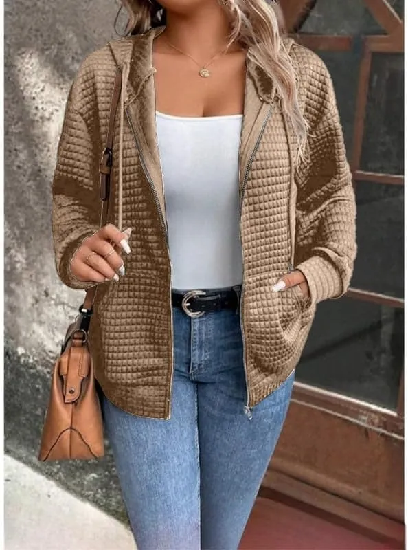 Women's Waffle Hoodies Sweatshirt Long Sleeve Drawstring Pockets Casual Zipper Jacket
