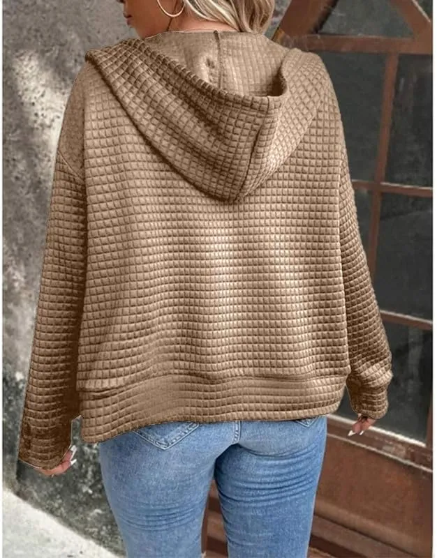 Women's Waffle Hoodies Sweatshirt Long Sleeve Drawstring Pockets Casual Zipper Jacket