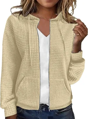 Women's Waffle Hoodies Sweatshirt Long Sleeve Drawstring Pockets Casual Zipper Jacket
