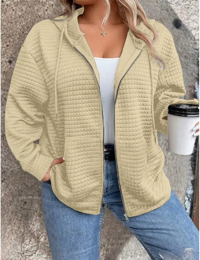 Women's Waffle Hoodies Sweatshirt Long Sleeve Drawstring Pockets Casual Zipper Jacket