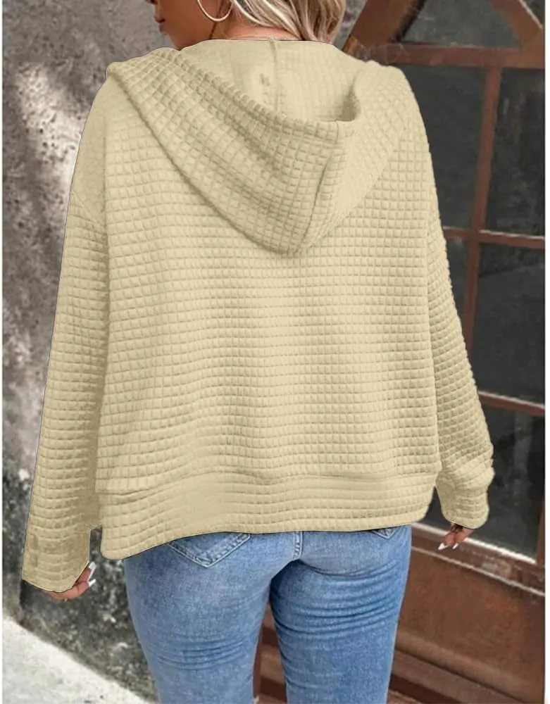Women's Waffle Hoodies Sweatshirt Long Sleeve Drawstring Pockets Casual Zipper Jacket