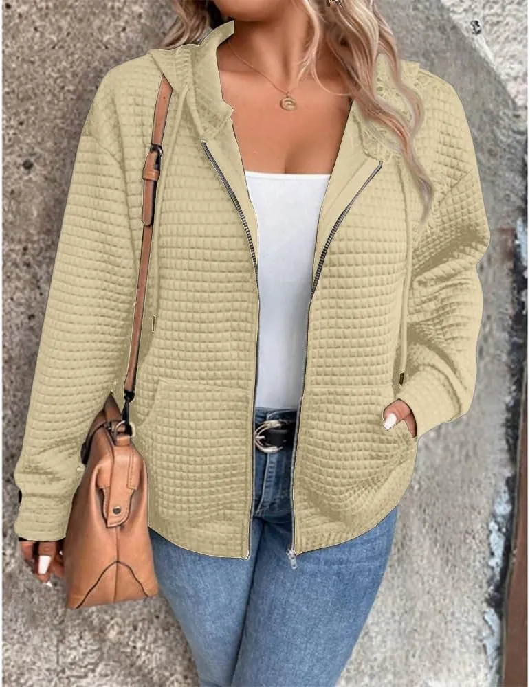 Women's Waffle Hoodies Sweatshirt Long Sleeve Drawstring Pockets Casual Zipper Jacket