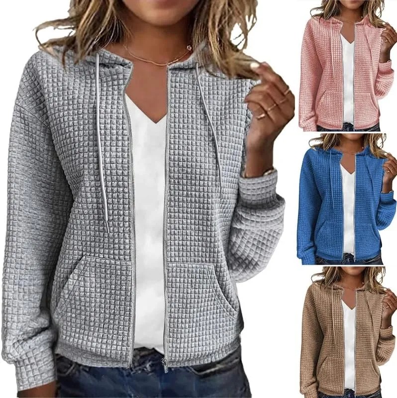 Women's Waffle Hoodies Sweatshirt Long Sleeve Drawstring Pockets Casual Zipper Jacket