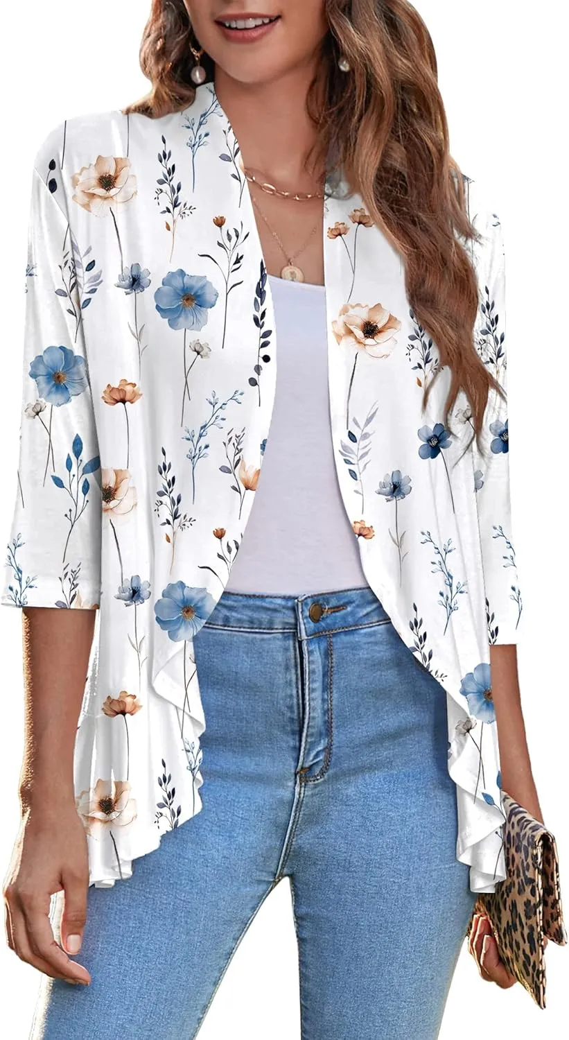 Zeagoo Women's Open Front Cardigan 3/4 Sleeve Draped Ruffles Soft Knit Sweaters S-3XL