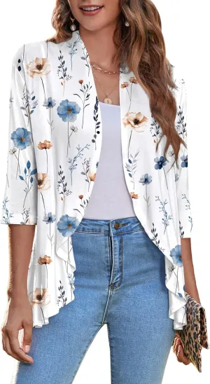 Zeagoo Women's Open Front Cardigan 3/4 Sleeve Draped Ruffles Soft Knit Sweaters S-3XL