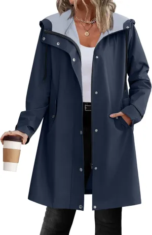 Zeagoo Womens Waterproof Raincoat Lightweight Rain Jacket Women Long Hooded Trench Coats Outdoor Windbreaker Travel Jacket