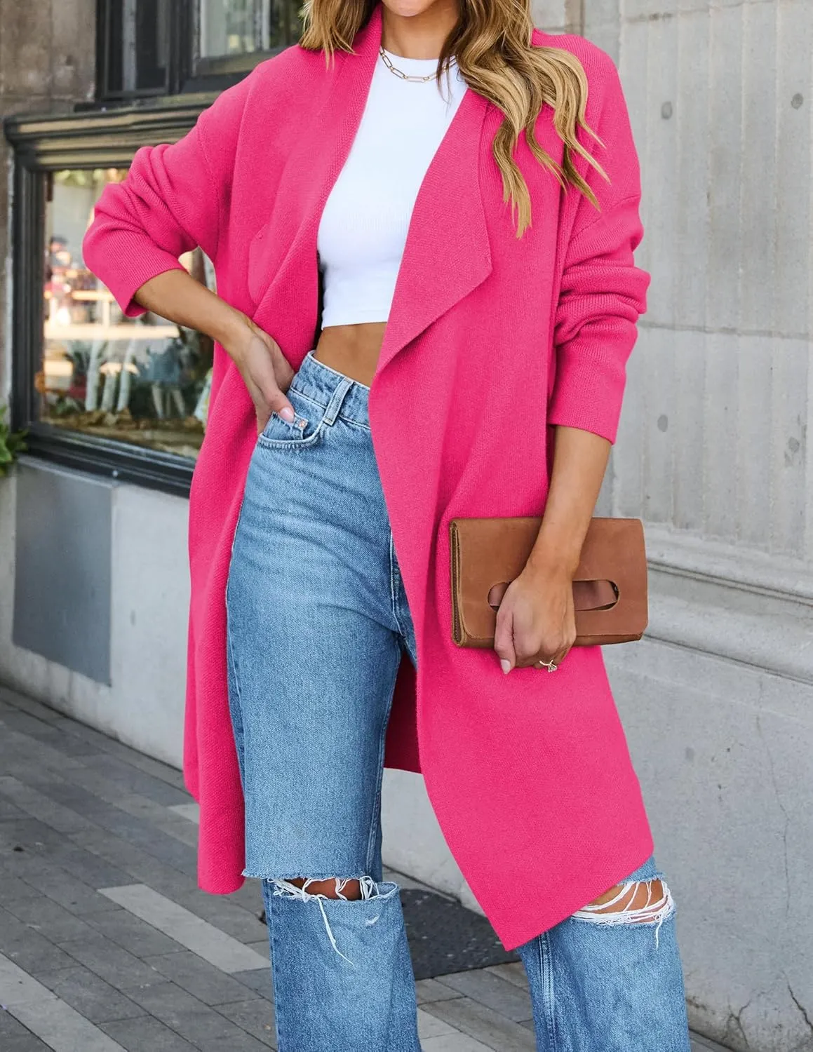 ZESICA Women's Casual Lapel Cardigan Long Sleeve Open Front Irregular Hem Soft Knitted Sweater Coat with Pockets