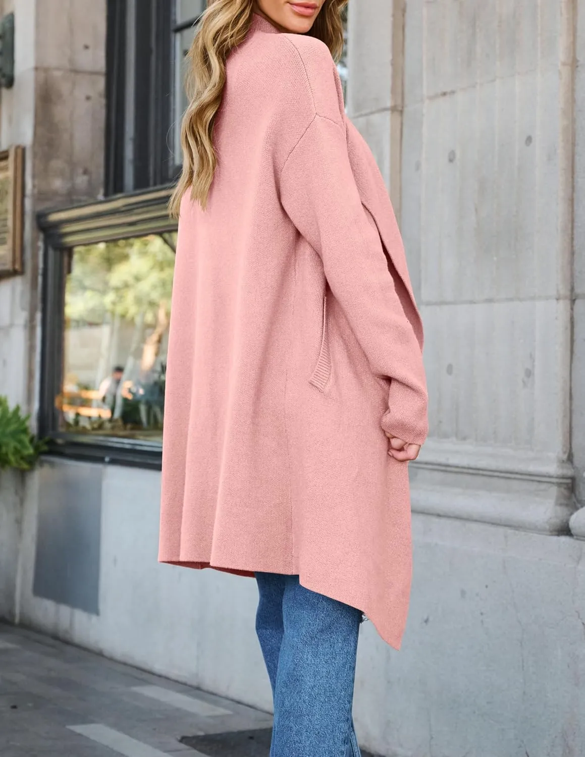 ZESICA Women's Casual Lapel Cardigan Long Sleeve Open Front Irregular Hem Soft Knitted Sweater Coat with Pockets