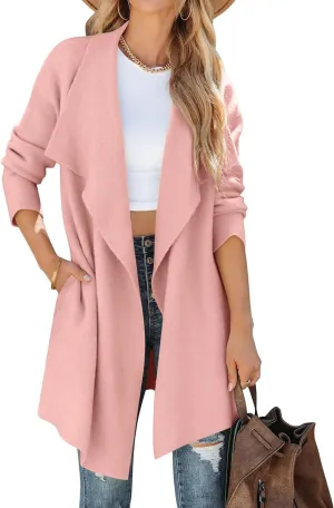 ZESICA Women's Casual Lapel Cardigan Long Sleeve Open Front Irregular Hem Soft Knitted Sweater Coat with Pockets