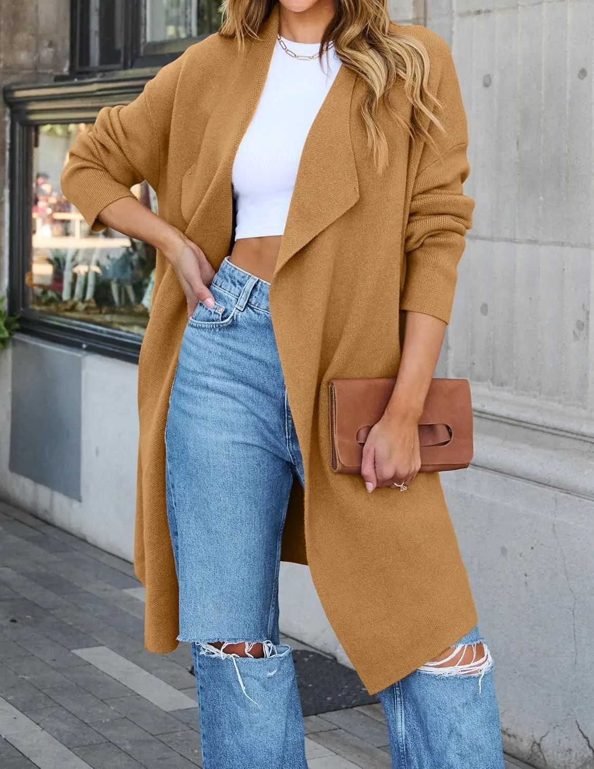 ZESICA Women's Casual Lapel Cardigan Long Sleeve Open Front Irregular Hem Soft Knitted Sweater Coat with Pockets