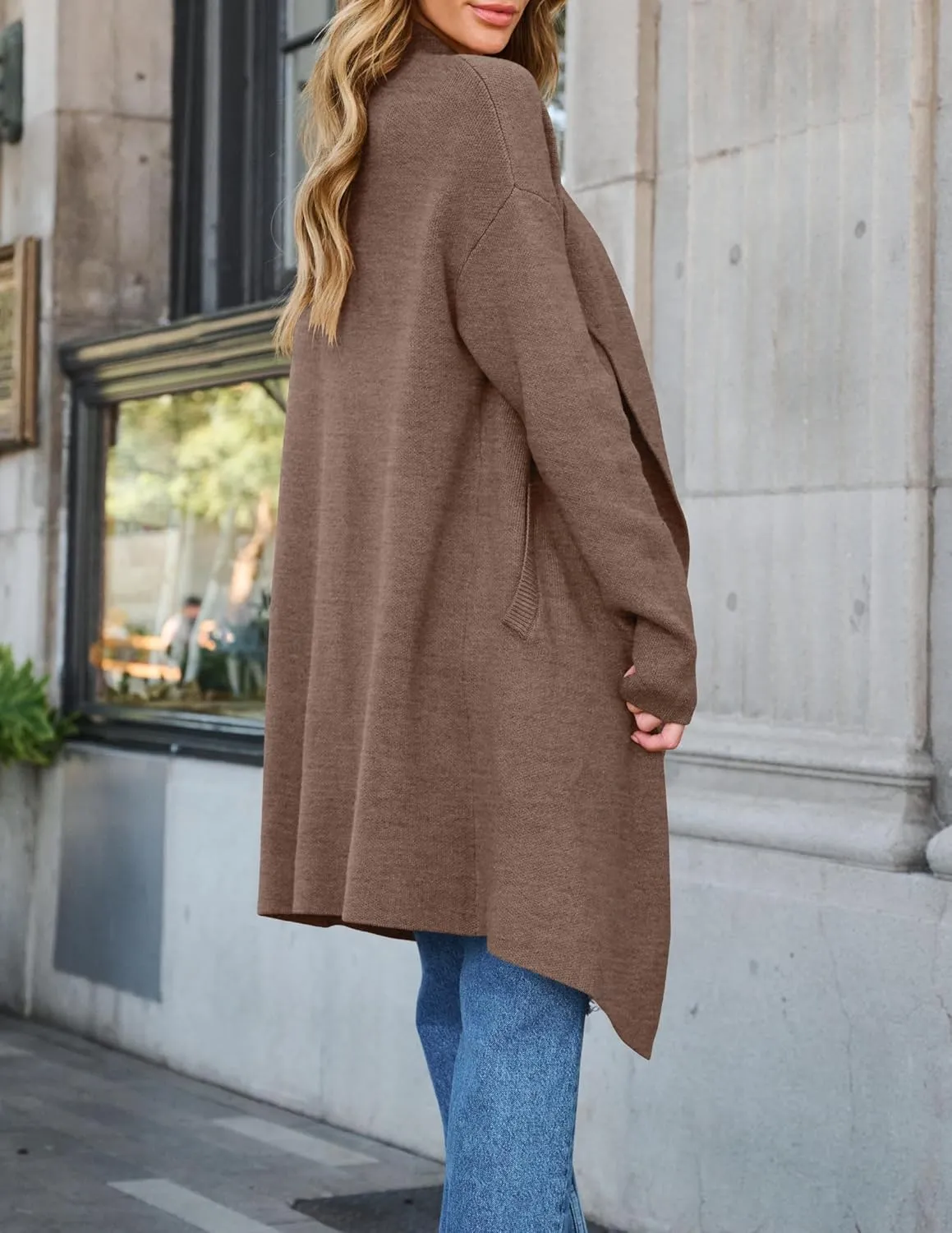 ZESICA Women's Casual Lapel Cardigan Long Sleeve Open Front Irregular Hem Soft Knitted Sweater Coat with Pockets