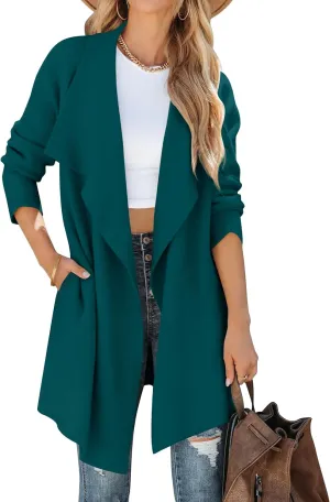 ZESICA Women's Casual Lapel Cardigan Long Sleeve Open Front Irregular Hem Soft Knitted Sweater Coat with Pockets
