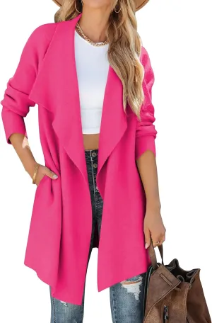 ZESICA Women's Casual Lapel Cardigan Long Sleeve Open Front Irregular Hem Soft Knitted Sweater Coat with Pockets