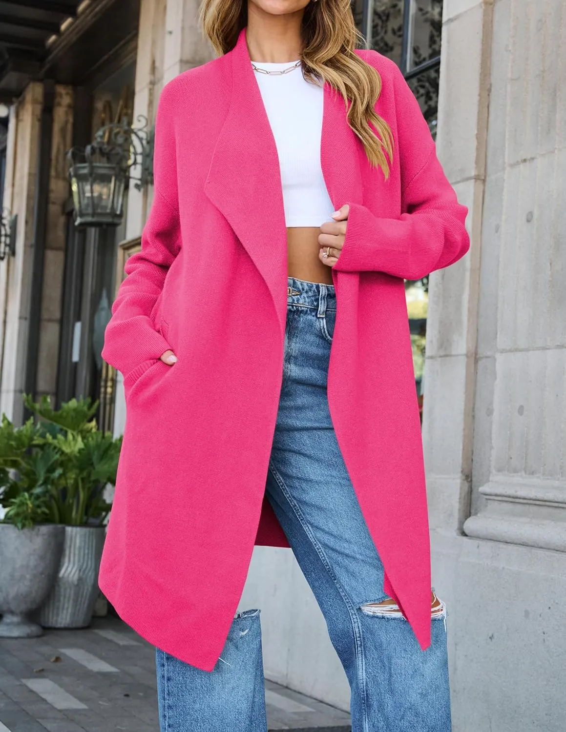 ZESICA Women's Casual Lapel Cardigan Long Sleeve Open Front Irregular Hem Soft Knitted Sweater Coat with Pockets