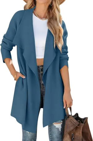 ZESICA Women's Casual Lapel Cardigan Long Sleeve Open Front Irregular Hem Soft Knitted Sweater Coat with Pockets