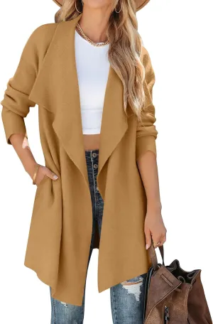 ZESICA Women's Casual Lapel Cardigan Long Sleeve Open Front Irregular Hem Soft Knitted Sweater Coat with Pockets