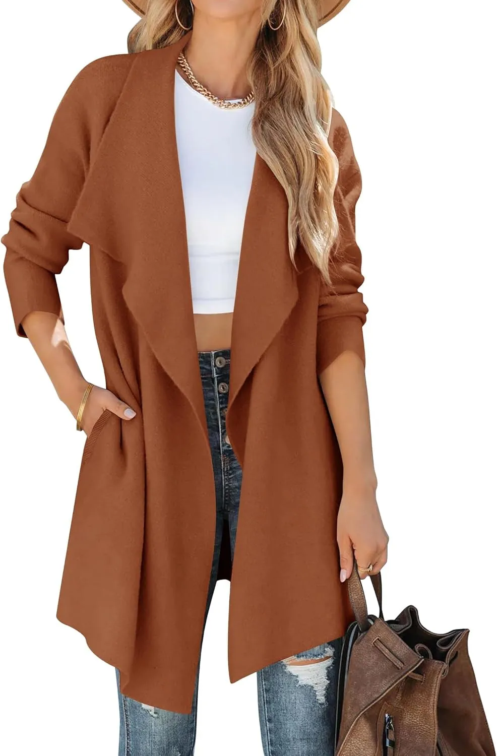 ZESICA Women's Casual Lapel Cardigan Long Sleeve Open Front Irregular Hem Soft Knitted Sweater Coat with Pockets